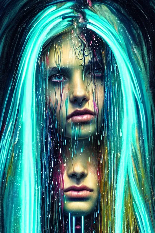 Image similar to portrait of a girl in the glowing neon rain with wet hair and face, fantasy, intricate, elegant, dramatic lighting, emotionally evoking symbolic metaphor, highly detailed, lifelike, photorealistic, digital painting, artstation, concept art, smooth, sharp focus, illustration, art by John Collier and Albert Aublet and Krenz Cushart and Artem Demura and Alphonse Mucha