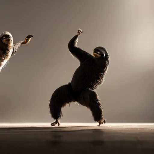 Image similar to sloth fighting a pigeon kung fu style standing, facing each other, aggressive sloth vs a muscled pigeon, best photo award, high quality 8 k, cinematic lighting