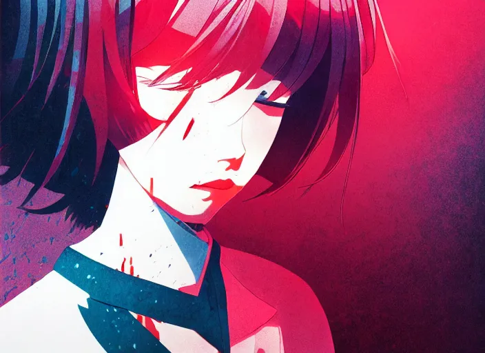 Prompt: editorial illustration by Karolis Strautniekas and Mads Berg, colorful, anime portrait vampire princess miyu, katsuhiro otomo, manga, Ilya kuvshinov,fine texture, manga shading, fine details, matte colors, film noir, dramatic lighting, dynamic composition, moody, vivid, volumetric,Narumi Kakinouchi