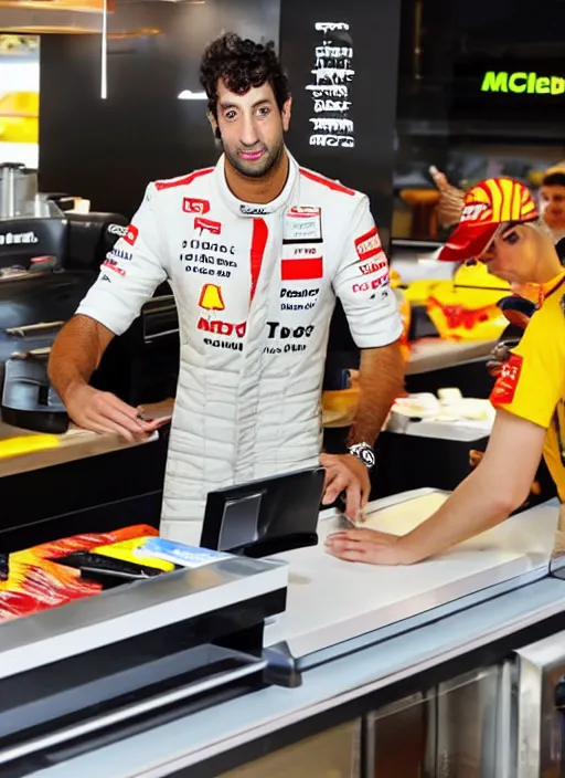 Image similar to photo of f 1 driver, daniel ricciardo, working as a cashier at mcdonalds