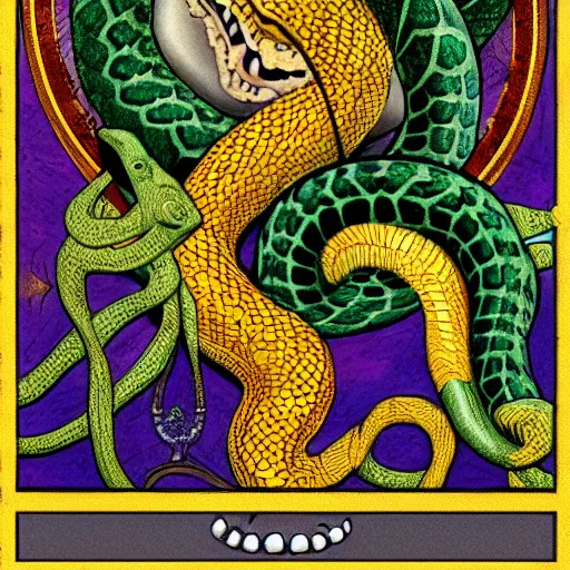 Prompt: a snake biting itself in the center of a tarot card, drawing style, intricate details in the frames, 4k, high quality render.