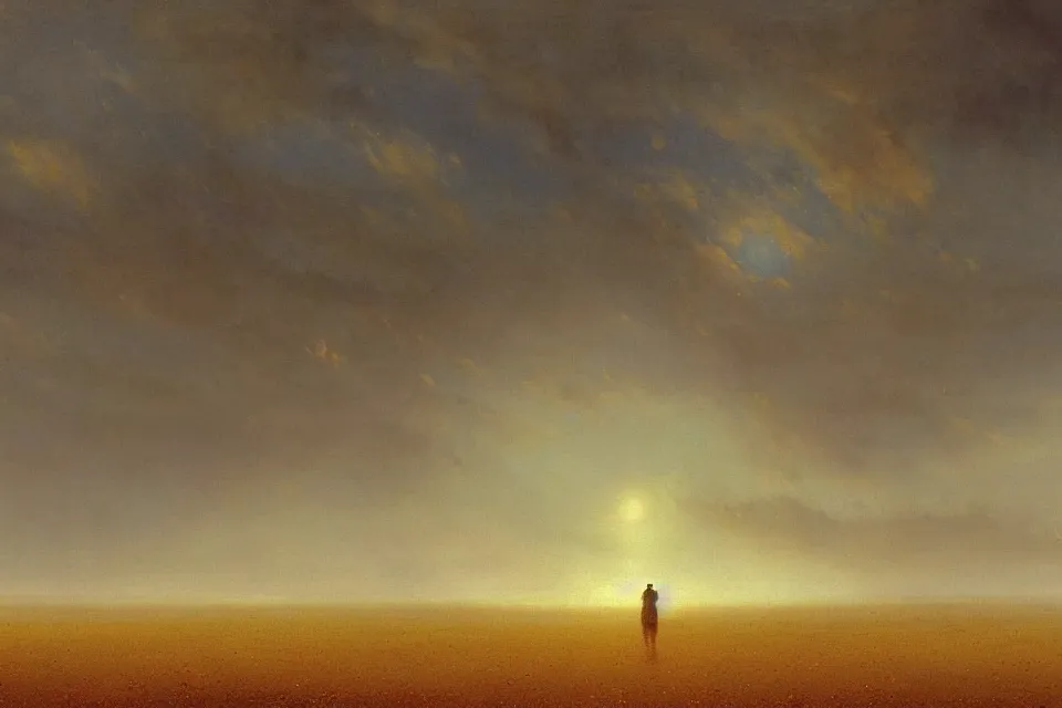 Image similar to sci-fi painting of the closed back view of one humanoid robot on the ground, a distant alien city far away, vast wheat fields, by Ivan Aivazovsky, godrays, atmospheric, cinematic, detailed