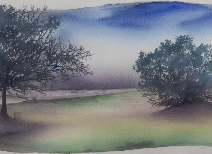 Prompt: A detailed watercolor painting of misty morning landscape, detailed, ballpoint pen ink combined with watercolor