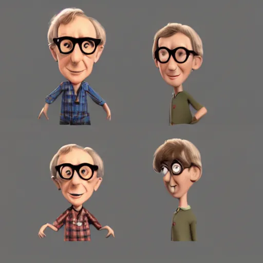 Prompt: woody allen, 3D modeling character, full view, Pixar concept art