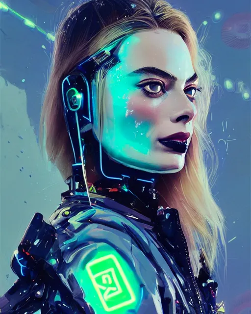 Image similar to detailed margot robbie portrait neon operator girl cyberpunk futuristic neon reflective puffy coat, decorated with traditional japanese ornaments by ismail inceoglu dragan bibin hans thoma greg rutkowski alexandros pyromallis nekro rene margitte illustrated perfect face, fine details, realistic shaded, fine - face, pretty face