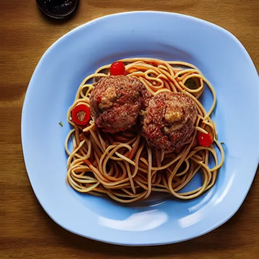 Image similar to octopus with spaghetti as its tentacles, and a meatball as its body