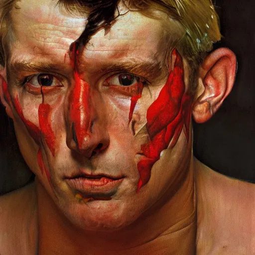 Prompt: high quality high detail painting by norman rockwell and lucien freud, hd, portrait of a dangerous professional wrestler, intense demonic look in the eyes, photorealistic lighting