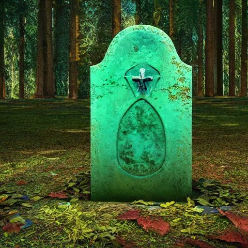 Prompt: side view of a beautiful abandoned tombstone with an embedded emerald laying on the ground, overgrown foliage taking over it, deep forest in the background, biopunk, bokeh, beautiful, lens flare, emotional, detailed, picture, trending on artstation, award - winning, shiny, golden, octane render