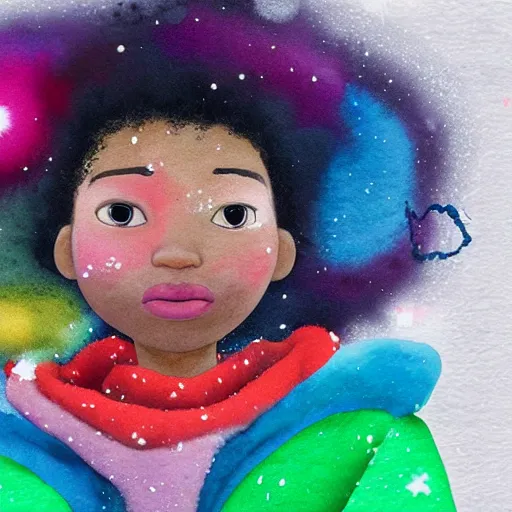 Image similar to a black girl with a colorful afro and big colorful eyes playing in the snow, bright colours, bokeh!! watercolor, volumetric wool felting, macro photography, children illustration, by goro fujita