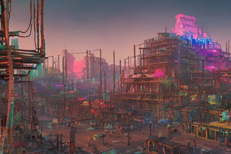 Image similar to hyperrealistic matte painting of aztec temples in a cyberpunk future environment with mechanical features and neon, graffiti, scaffolding, smog, destruction by filip hodas, beeple, 4 k, trending on cgsociety