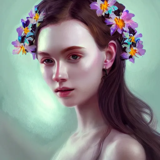 Prompt: character concept portrait of a beautiful woman with pale face, flowers in her hair, intricate, elegant, digital painting, concept art, realistic, smooth, focus, rim light