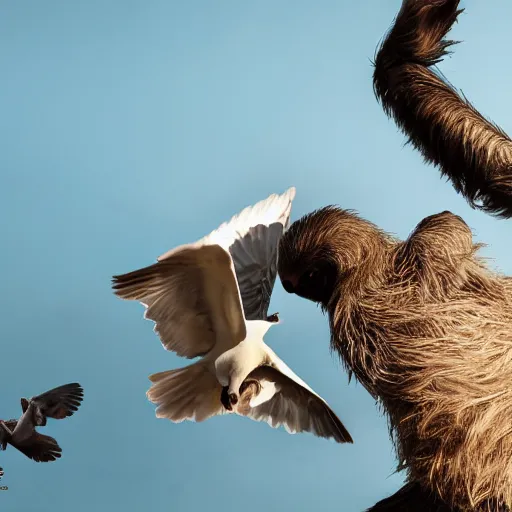 Image similar to sloth fighting a pigeon, aggressive sloth fighting a muscled pigeon, best photo award, high quality 8 k, cinematic lighting