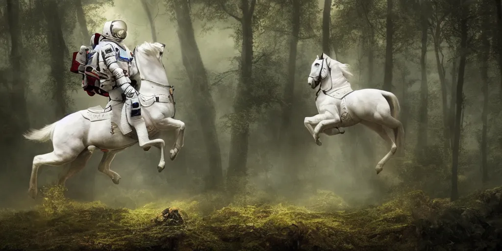 Image similar to an astronaut riding on the back of a white horse through a forest, a detailed matte painting by frieke janssens, featured on cgsociety, fantasy art, matte painting, reimagined by industrial light and magic, matte drawing