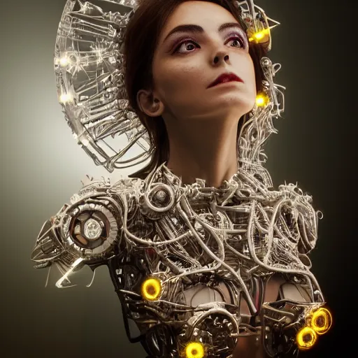 Image similar to beautiful Fine art photo of enraptured young Marta Sanchez as a solarpunk robotic goddess, white mechanical parts with led lights, photorealistic, centered, torso and face, highly detailed and intricate, sunset lit, 8k