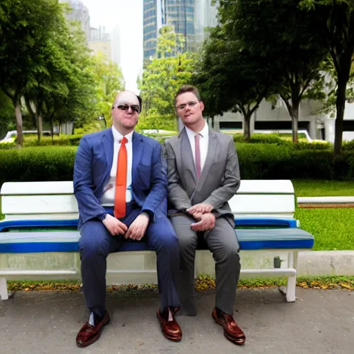 Prompt: two clean - shaven chubby white men in suits and neckties sitting on a park bench. each men are holding manila folders in their hands.