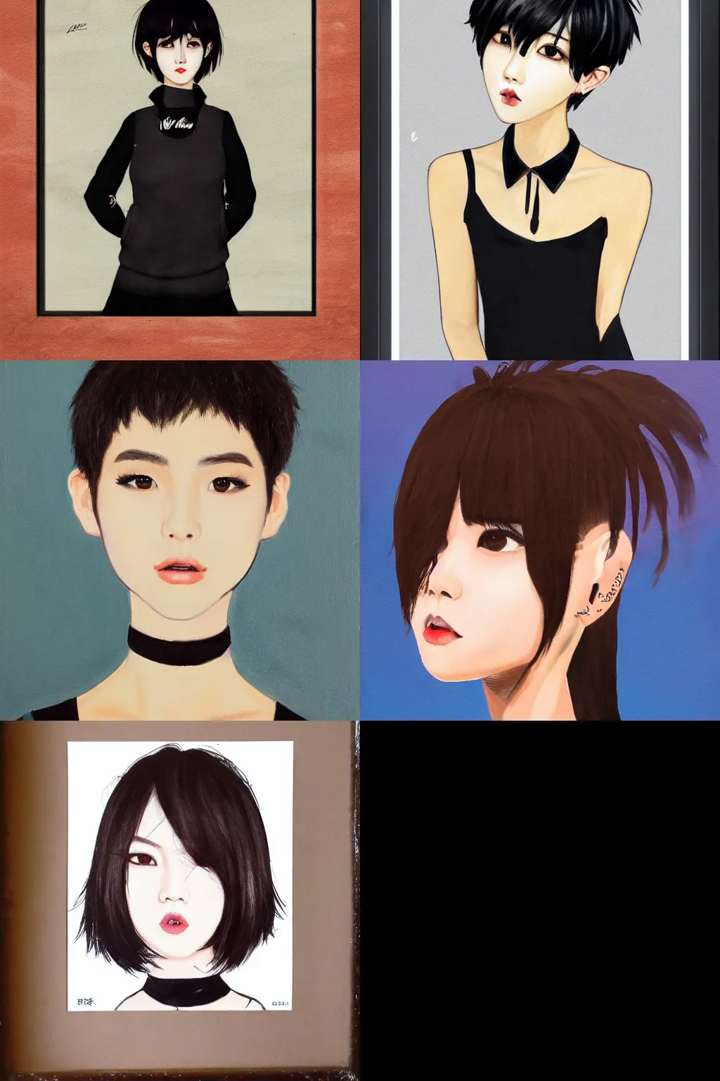 Prompt: k - pop girl painted by louis anquetin. high - quality character portrait. short dark brown messy pixie haircut, large black eyes, slightly rounded face, pointed chin, small nose, black tank top, black leather jacket, black knee - length skirt, black choker.