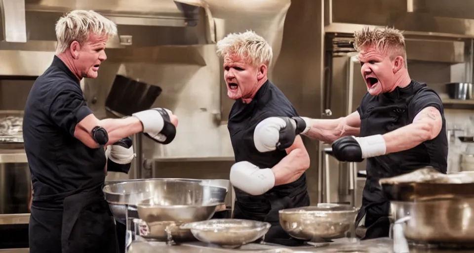 Image similar to photo of angry furious Gordon Ramsay punching Gordon Ramsay at the kitchen