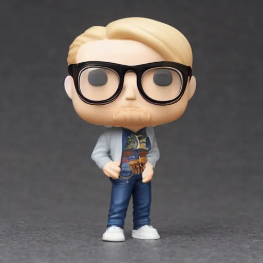 Prompt: a funko pop of german young man with blondish hair, short goatee and round glasses, in a funko pop box that says ultra