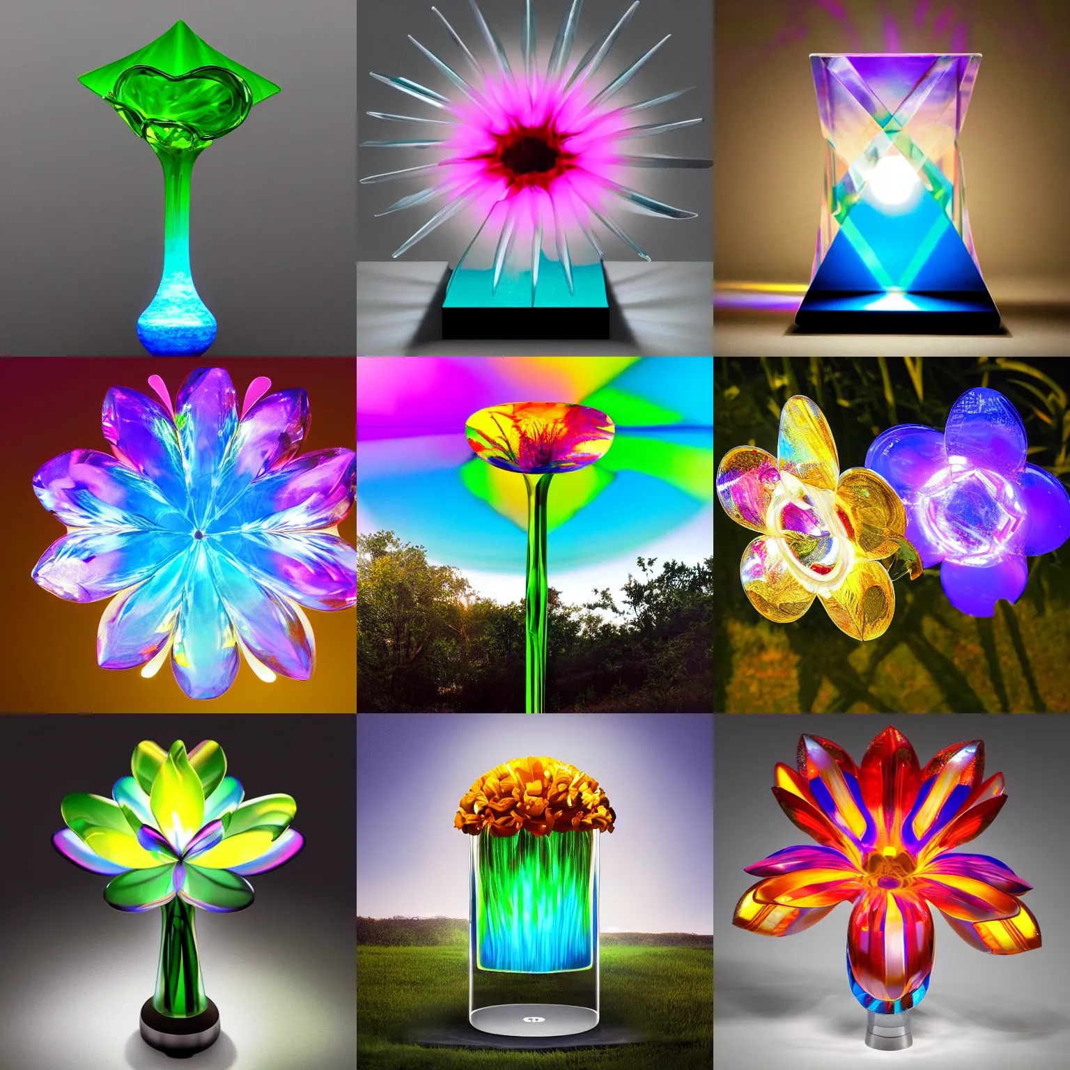 Prompt: exotic surreal living glass prism flower by chris wood, outdoors, spotlight shining through, featured on behance