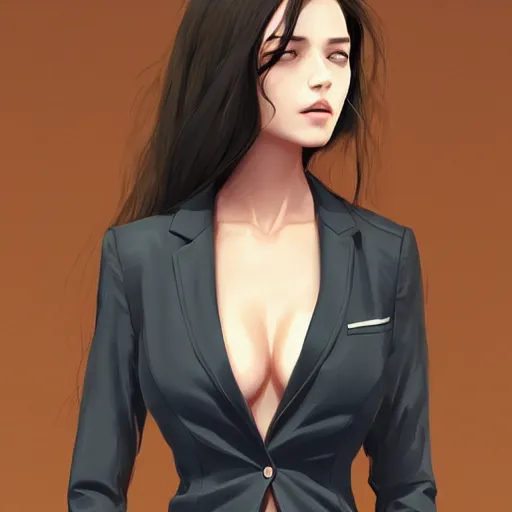 Image similar to cute beautiful girl in jacket suit over bare skin, elegant, 2d, ultra highly detailed, digital painting, smooth, sharp focus, artstation, pixiv, art by Ilya Kuvshinov