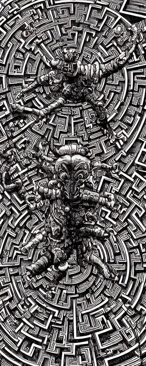 Image similar to view of a highly detailed woodcut of a labyrinth maze with a steampunk minotaur model in the center, studio lighting, frame from a moview