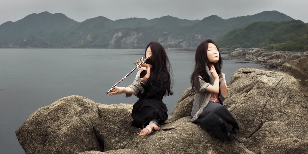 Prompt: Photo of a Korean girl playing a flute with her nose. Sitting on a rocky shore on a cloudy day. In the style of Annie Leibovitz