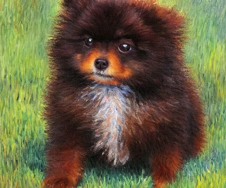 Image similar to brown and black pomeranian, cute, monet, oil painting