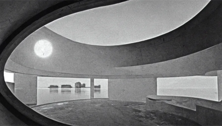 Prompt: 1 9 7 0 s movie still by andrei tarkovsky of a noneuclidian sphere palace with a lake in the middle, by piranesi, panoramic, ultra wide lens, cinematic light, flare, anamorphic