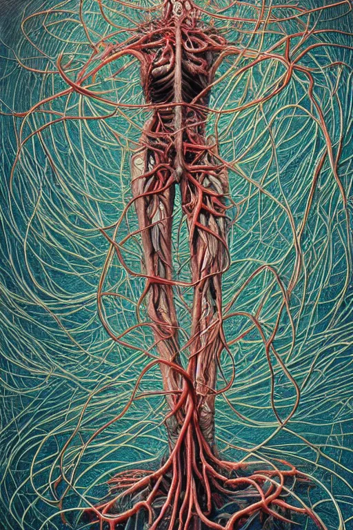 Image similar to a tall, fleshy, anatomical figure, with arteries as roots, hovering in the air, zero gravity, bursting neon stars, hauntingly surreal, highly detailed painting by james jean, part by gerhard richter, intricate detail, extremely detailed, hyper realism, simon stalenhag, beksinski painting,