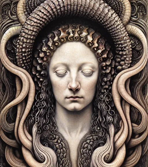 Image similar to detailed realistic beautiful ammonite goddess face portrait by jean delville, gustave dore, iris van herpen and marco mazzoni, art forms of nature by ernst haeckel, art nouveau, symbolist, visionary, gothic, neo - gothic, pre - raphaelite, fractal lace, intricate alien botanicals, biodiversity, surreality, hyperdetailed ultrasharp octane render