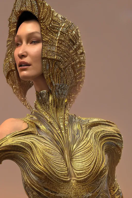 Image similar to a highly detailed metahuman 4 k close up render of an alien goddess bella hadid as shakti in iris van herpen dress schiaparelli in diamonds swarovski and jewelry in style of alphonse mucha gustav klimt trending on artstation made in unreal engine 4
