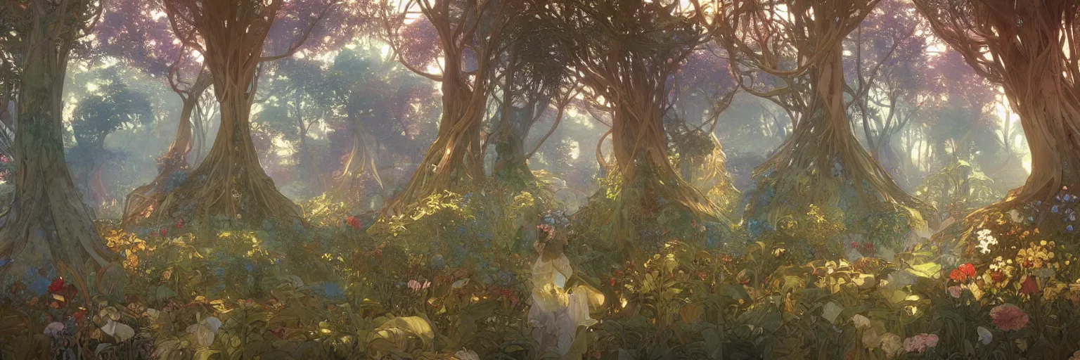 Image similar to A beautiful painting of a utopian garden and forest with supertrees by Alfons Maria Mucha and Julie Dillon and Makoto Shinkai