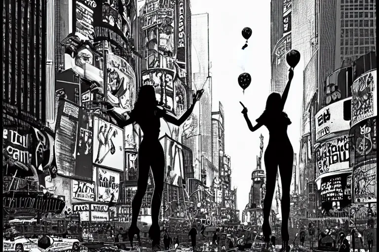 Image similar to an intricate, awe inspiring cyberpunk illustration of a girl with balloon, Times Square, by Ansel Adams ((black and white))