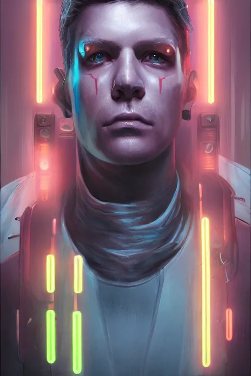 Image similar to illustration of an male cyberpunk character wearing bionic implants, criminal mugshot, highly detailed, oil on canvas, soft lighting, neon pastel colors, by WLOP and Greg Staples, HD, 4K