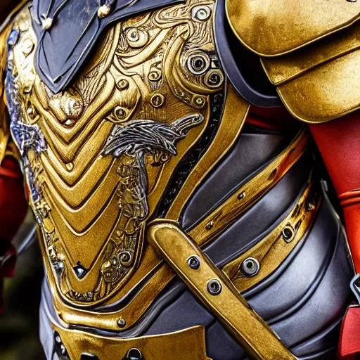 Prompt: fantasy art 4 k macro photo of rooster king in very detailed shiny plate armor engraved in gold ready for battle