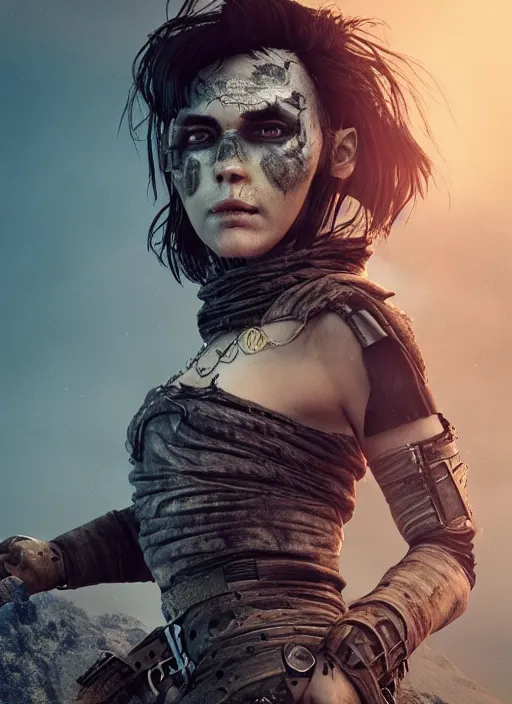 Image similar to full body portrait of female mad max in full intricate clothing, beautiful face, ultra detailed, octane render, 4K, dystopian, micro details