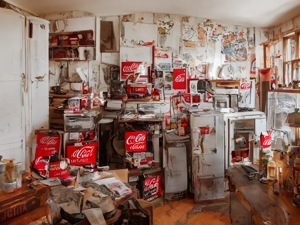 Prompt: a photo of a room with excellent interior design, natural light, some dappled light, vintage coca cola refrigerator