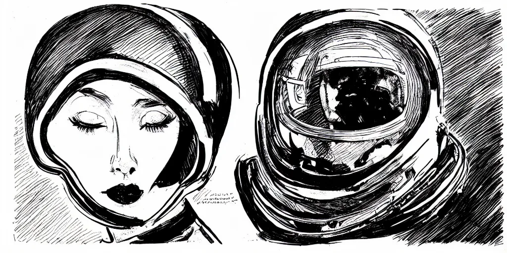 Image similar to ink lineart drawing of a beautiful young woman wearing a space helmet, dark lips, round eyes, space background, artstation, etchings by goya, chinese brush pen, illustration, high contrast, deep black tones contour