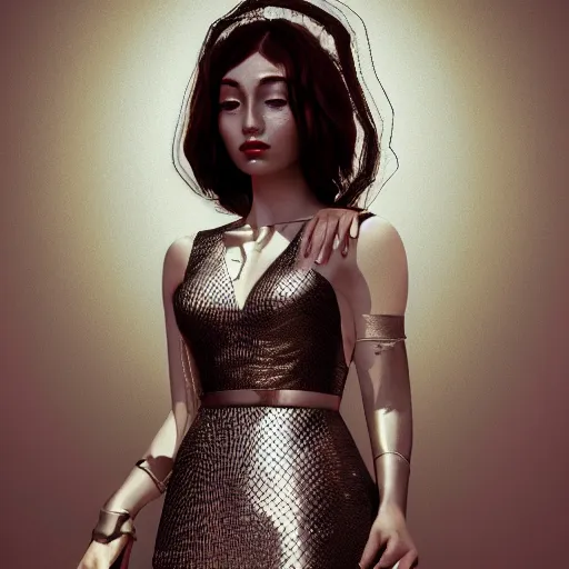 Image similar to beautiful girl in a dress made of metal foil, beautiful portrait, symmetrical, character concept style trending on artstation concept art detailed octane render cinematic photo - realistic 8 k high detailed