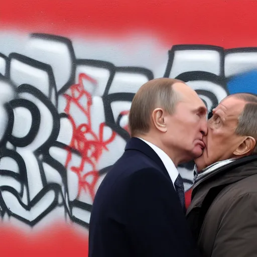 Image similar to Vladimir Putin and Sergey Lavrov kissing, kiss on the berlin wall graffiti, 8k