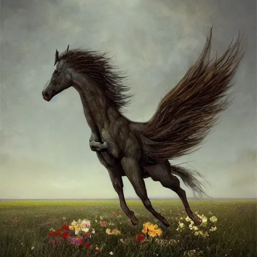 Prompt: an oil painting of a pegasus view from its side standing in the middle of a dark field of wilted flowers oil painting by esao andrews. creepy and gloomy. cold color scheme. oil painting. dark and twisted. textured brush strokes. trending on artstation.