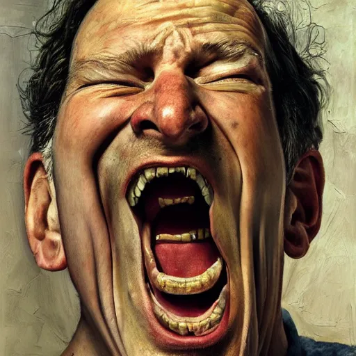 Image similar to high quality high detail painting by lucian freud, hd, screaming man, photorealistic lighting