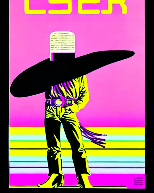 Prompt: laser disk cowboy, 1 9 8 0's magazine ad, vapor wave aesthetic