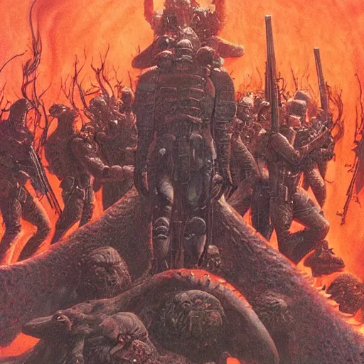 Image similar to tactical team in hell, by wayne barlowe