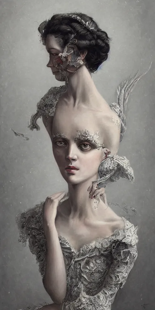 Image similar to a beautiful hyperrealistic portrait pose of a stunning Victorian model in a high-collared grey and white dress looking mournful, intricate, elegant, highly detailed, smooth, sharp focus, award-winning, masterpiece, in the style of Tom Bagshaw, Cedric Peyravernay, Peter Mohrbacher