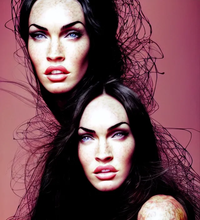 Image similar to photography facial portrait of megan fox, natural background, natural pose, wearing a stunning hat by iris van herpen, with a subtle colorfull - makeup. highly detailed, skin grain detail, photography by paolo roversi, nick knight, helmut newton, avedon, araki