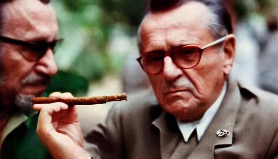 Prompt: 60s movie still close-up portrait of Josip Broz Tito chilling with Fidel Castro smoking cigarillo, cinestill 800t 120mm eastmancolor, cinematic, very detailed, skin texture, high quality