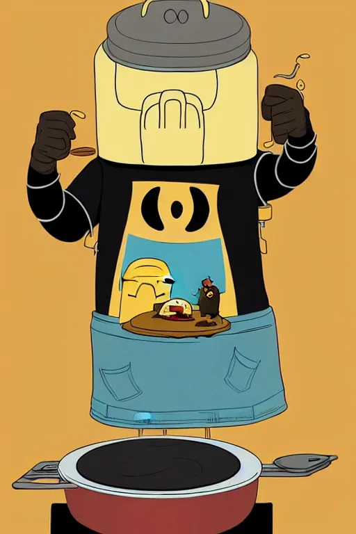 Image similar to mf doom making pancakes in style of adventure time, animation pixar style, by pendleton ward, magali villeneuve, artgerm, rob rey and kentaro miura style, golden ratio, trending on art station