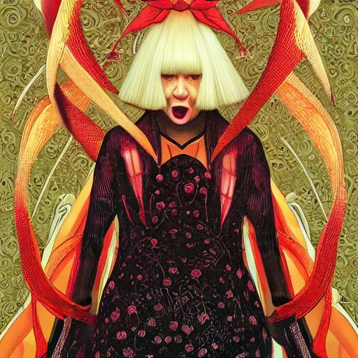 Image similar to portrait of crazy screaming beautiful singer sia kate isobelle furler, big ribbon, ymmetrical, by yoichi hatakenaka, masamune shirow, josan gonzales and dan mumford, ayami kojima, takato yamamoto, barclay shaw, karol bak, yukito kishiro