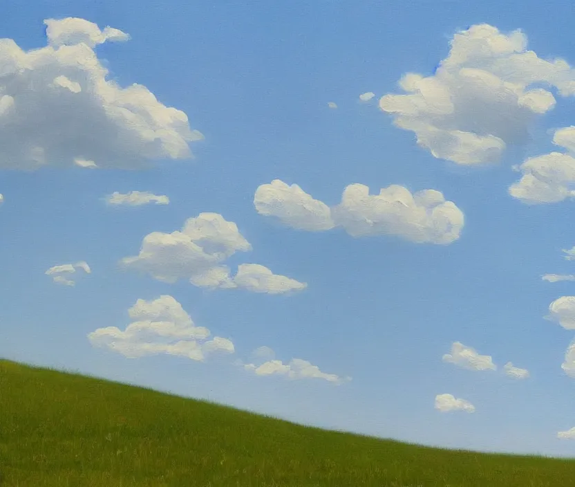 Image similar to a very detailed painting of one billboard on a meadow, billboard has written on it do aliens exist?, baby blue sky with very aesthetic stylized clouds, in the style of edward hopper, very small brushstrokes, 4 k,